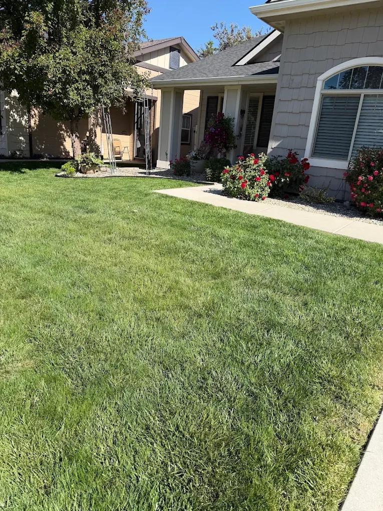 A green lawn and colorful landscaping outside an Idaho residence