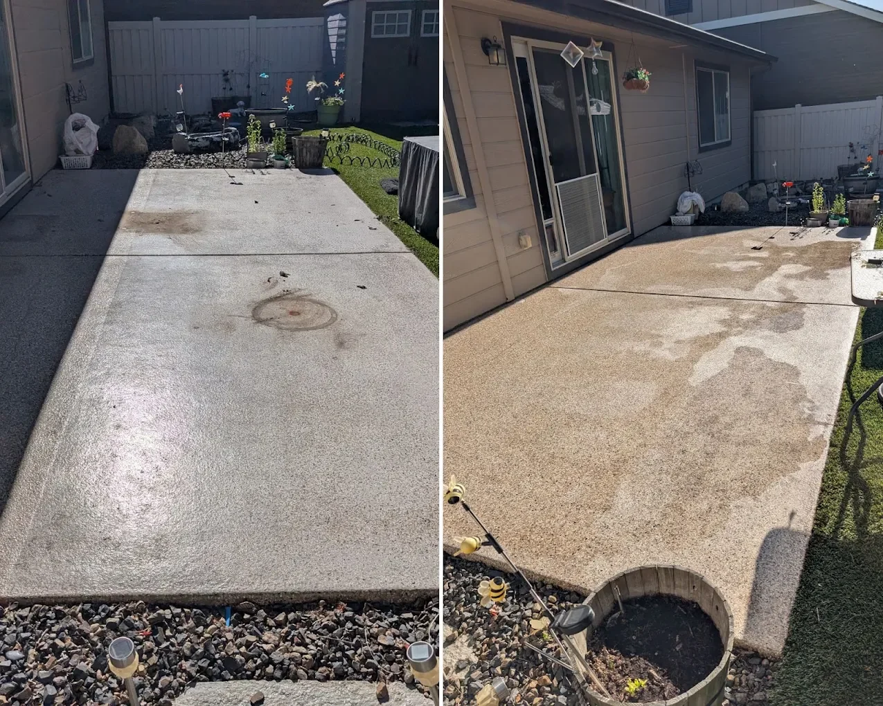Residential concrete patio before and after power washing